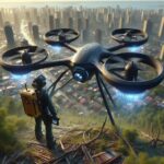 Explorateur avec équipement de surveillance observant un drone volant au-dessus d'une ville moderne au loin