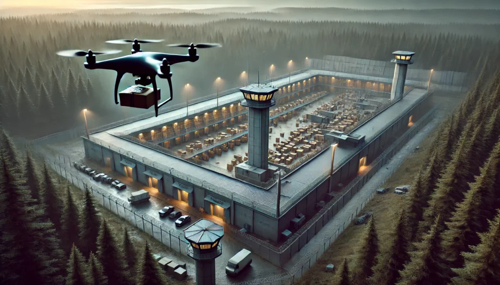 DALL·E 2025-01-04 16.01.11 - A highly realistic 4K image depicting the illegal delivery of contraband to a prison inspired by Fleury-Mérogis, surrounded by a dense forest. The sce